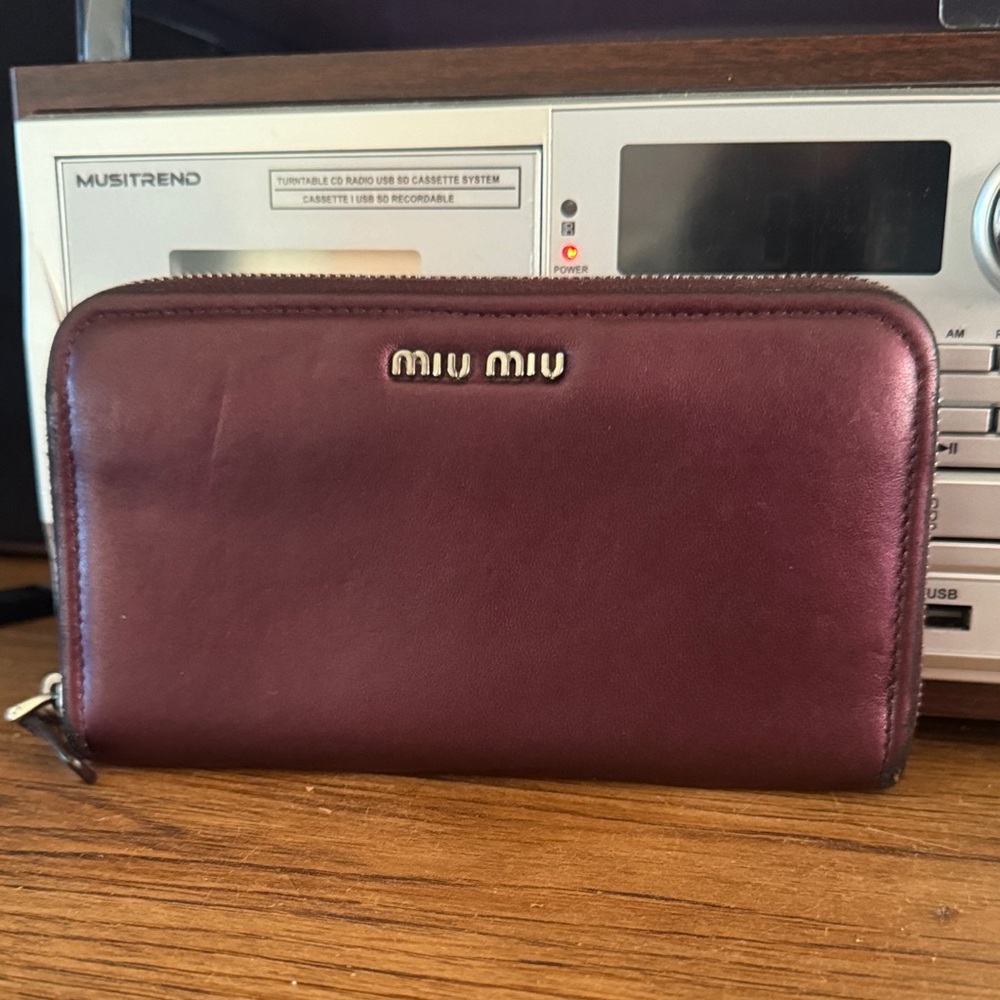 Miu Miu Burgundy Leather Zip Wallet with Gold Logo